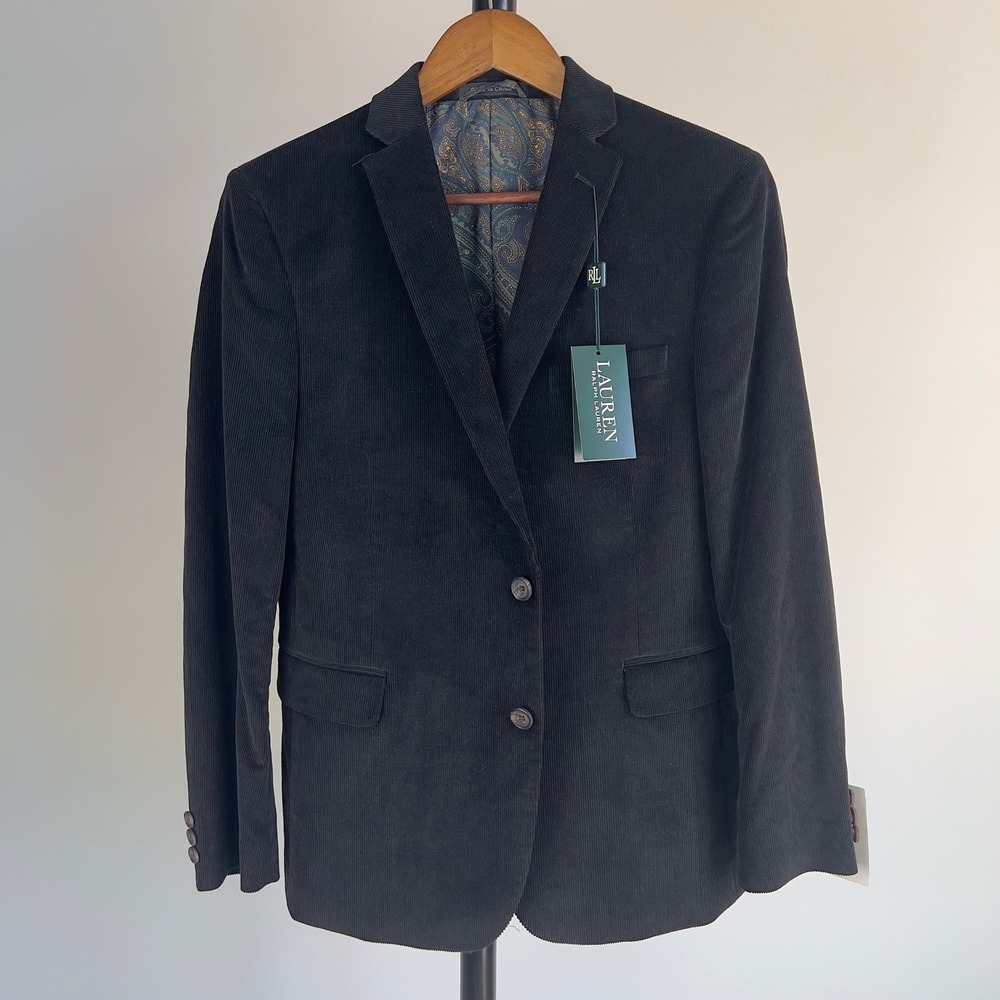 NWT Lauren Ralph Lauren Boys 18R Black Corduroy Blazer Sport Coat Paisley Lining